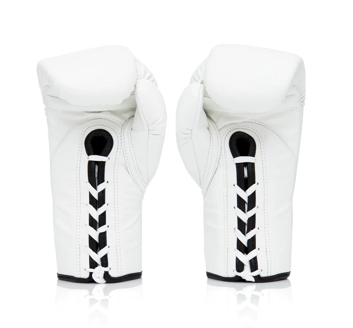 Fairtex Pro Leather Laced Competition Gloves - Locked Thumb for Boxing & Muay Thai (White) - BGL6
