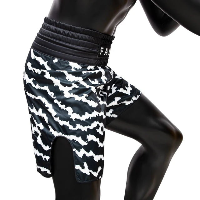 Fairtex BOXING TRUNKS "CRACKED" (Black / White) - BT2004