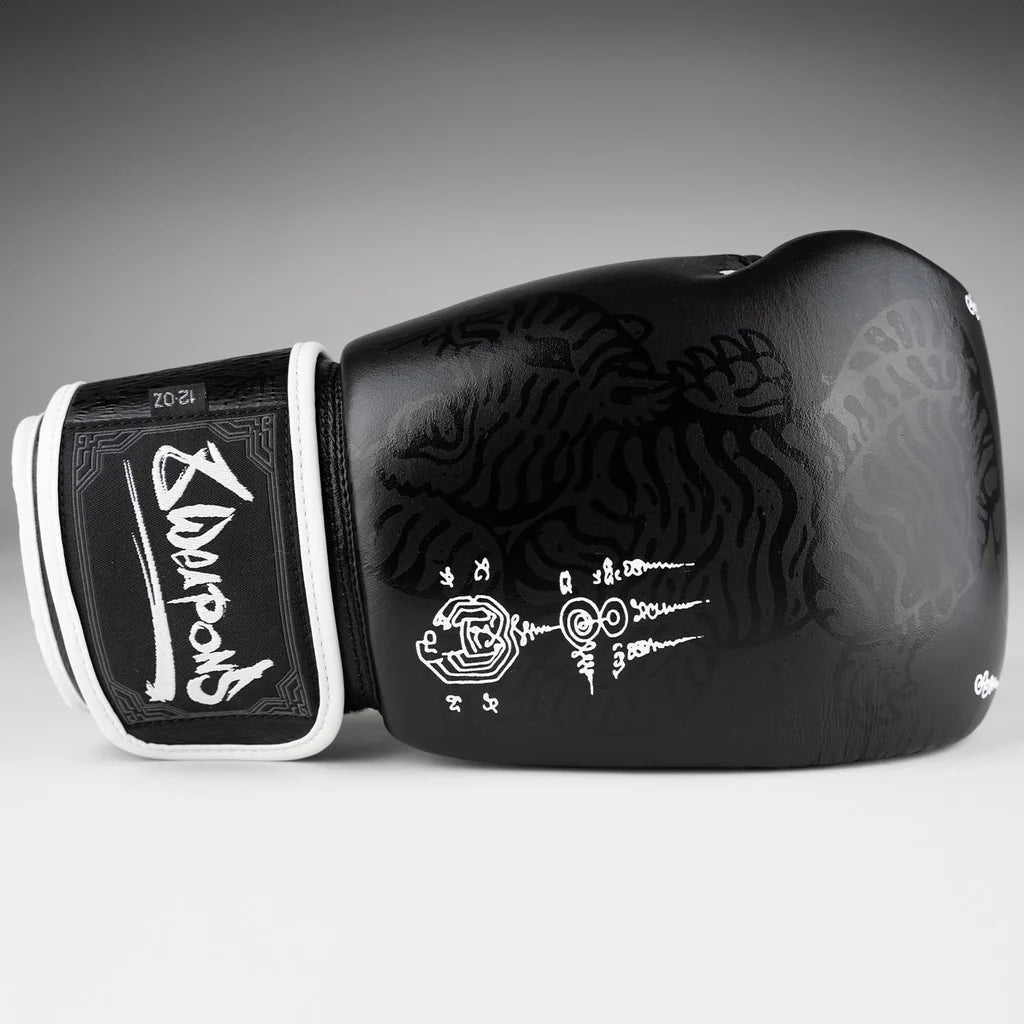 8WEAPONS - Sak Yant Big Tiger, Boxing Gloves (Black) GENUINE LEATHER