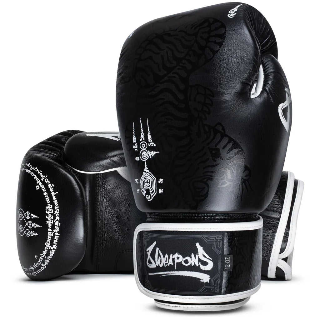 8WEAPONS - Sak Yant Big Tiger, Boxing Gloves (Black) GENUINE LEATHER