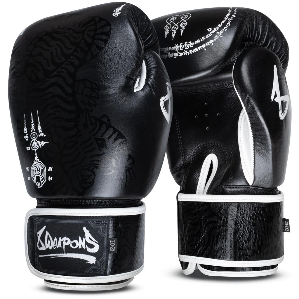 8WEAPONS - Sak Yant Big Tiger, Boxing Gloves (Black) GENUINE LEATHER